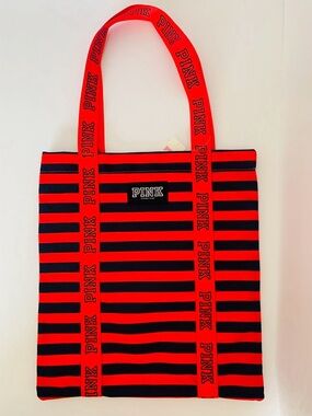 PINK Victoria's Secret Coral & Black Striped Tote with Logo Straps